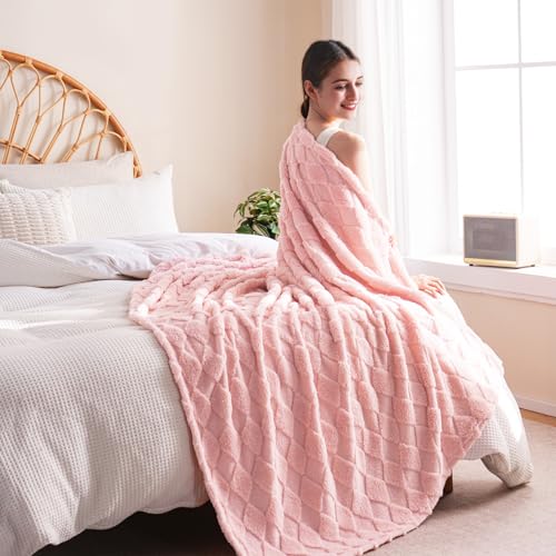 Pink Fleece Throw Blanket for Couch Sofa 50”x60” with Diamond Checkered | Microfiber Flannel, Lightweight Plush Soft Cozy, Gifts for Women Mom
