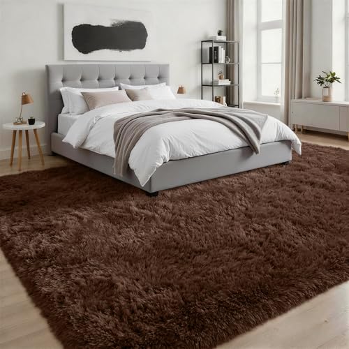 9x12 Area Rug Living Room Bedroom: Fluffy Plush Shag Carpet Brown