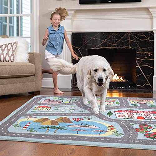 Extra Large Kids Playroom Rug Play Carpet 4’ x 6’, Blue Educational Children’s Play Mat, Learning & Have Fun Safely Non-Slip Washable Road Traffic Floor Area Carpet, Great for Kids Room Bedroom