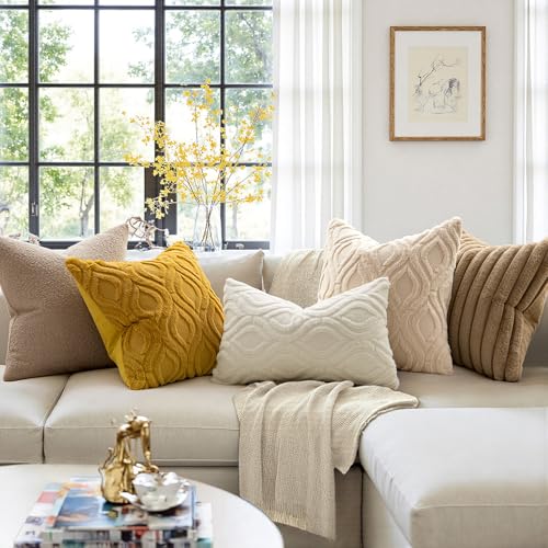 MIULEE Summer Mustard Yellow Throw Pillow Covers 18x18 Inch, Soft Plush Faux Wool Solid Couch Pillows Set of 2, Decorative Farmhouse Boho Cushion Covers for Sofa Living Room Bed Home Decor