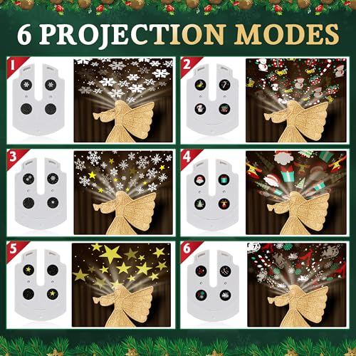Christmas Tree Topper Lighted with 6 Projection Modes, Gold Christmas Angel Tree Topper Built-in LED Rotating Light, 3D Glitter Projector for Party Holiday Christmas Decoration Gifts