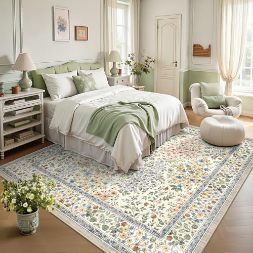 6x6 Square Area Rugs, Machine Washable Low Pile Floral Rugs for Living Room, Bedroom, Large Boho Area Rug with Non-Slip Backing for Dining Room(Beige Floral)