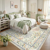 6x6 Square Area Rugs, Machine Washable Low Pile Floral Rugs for Living Room, Bedroom, Large Boho Area Rug with Non-Slip Backing for Dining Room(Beige Floral)