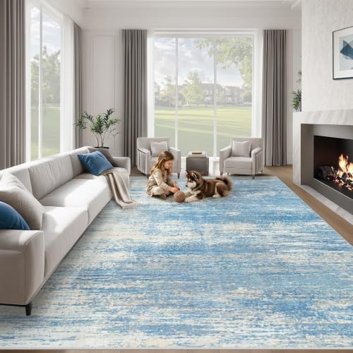 Washable Rug 9x12 Area Rugs for Living Room: Large Neutral Soft Rug Abstract Non Slip Low Pile Modern Carpet for Bedroom Kitchen Nursery Office Dining Room Indoor (Lightblue, 9'x12')