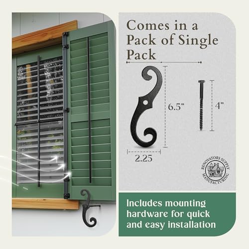 Renovators Supply Cast Iron Shutter Fasteners - Decorative S Style Shutter Dogs Hardware - Rust Resistant External Shutter Tieback with Mounting Screws - 6.5 Inches, Sold in Pairs (Pack of 1)