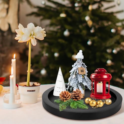 Black Round Wood Decorative Tray for Coffee Dining Table Centerpiece Decor