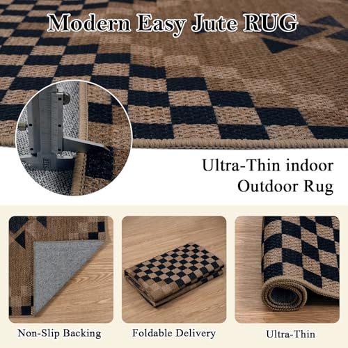 LIVEBOX Easy Jute Runner Rugs for Hallway 2x10, Non Slip Washable Rug Runner, Checkered Extra Long Rugs for Hallways, Ultra Thin Farmhouse Kitchen Rug for Hardwood Floor