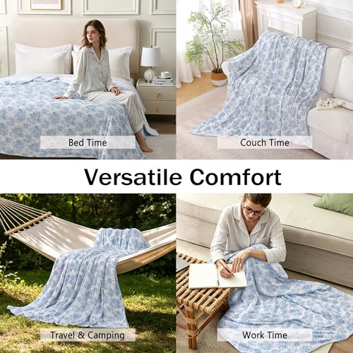 Viviland Fleece Throw Blanket Reversible Muslin Blankets, Soft Throw Blanket for Couch and Bed, Breathable Quilt Bedspread, Gauze Bedding for Adults, Large 50x70 inch, Blue Nerrah