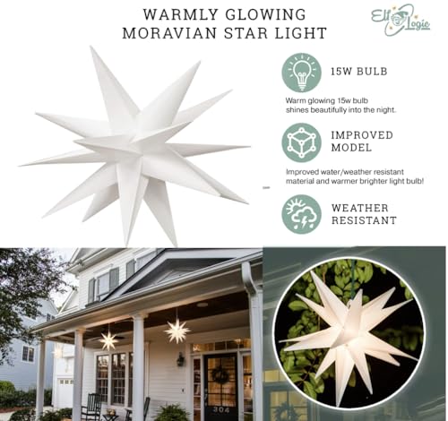 Elf Logic Large 18” Easy Assembly Warm White LED Moravian Star - Hanging Outdoor Christmas Light - Use as Holiday Decoration, Porch Light, 3D Fixture, Advent Star, Wedding & Ballroom Venue Decor