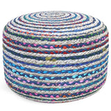SIMPLIHOME Margo Round Pouf 20 in Wide Handwoven Jute and Cotton Braided Ottoman in Multi-Blue, Boho-Style Footstool or Extra Seating for Living Room with Polystyrene Bead Filling, Assembled