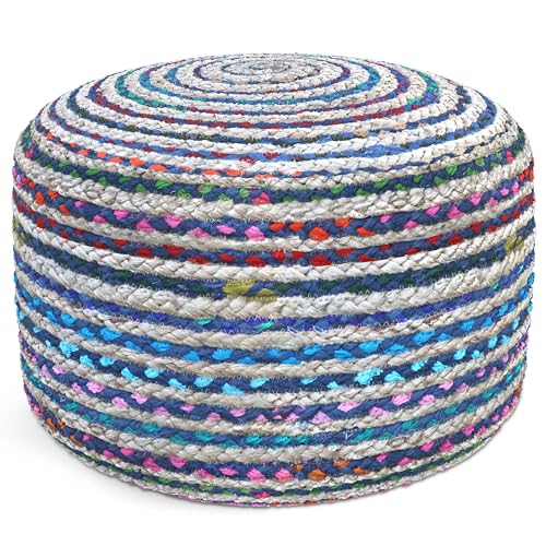 SIMPLIHOME Margo Round Pouf 20 in Wide Handwoven Jute and Cotton Braided Ottoman in Multi-Blue, Boho-Style Footstool or Extra Seating for Living Room with Polystyrene Bead Filling, Assembled