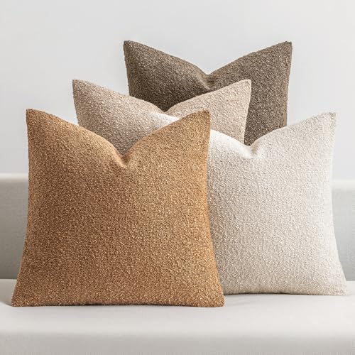 MIULEE Pack of 4 Decorative Textured Boucle Throw Pillow Covers 18x18 Inch Neutral Brown Accent Solid Pillow Cases Couch Cushion Covers for Modern Farmhouse Boho Chair Sofa Bed Room Home Decor