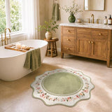 Lahome Round Kitchen Rug 4ft, Green Scalloped Floral Rug