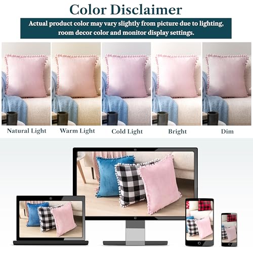 PAVILIA Light Pink Throw Pillow Covers with Pom Pom 18x18 Set of 2, Decorative Pillow Cases for Bedroom Aesthetic, Small Throw Pillows Set for Bed, Velvet Euro Plush Cushion Covers for Sofa Couch