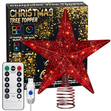 Red Christmas Tree Star Topper with Lights, 8.5-Inch Light-Up Christmas Tree Topper with Remote Control, 4 Brightness Levels & 8 Light Modes, Faux Mercury Glitter Design with 20 Lights