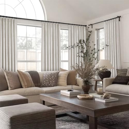 Topfinel Pinch Pleated Curtains 96 Inch Long, 100% Blackout Thermal Insulated Natural Linen Pinch Pleat Viral Drapes with Hooks Rings 2 Panel Sets, Neutral Beige Ivory 8FT Back Tab Window Curtains