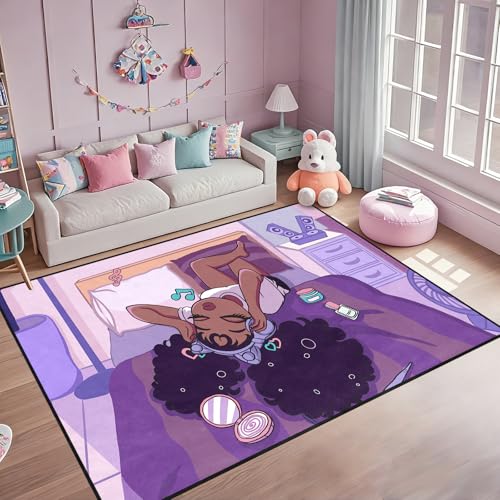 Afro Black Girls Rugs for Living Room Purple Carpets for Bedroom Black Girls Home Decor Art Music Girl Sofa Floor Mats Yoga Mats, 47" x 31" (2.7 x 3 Feet)