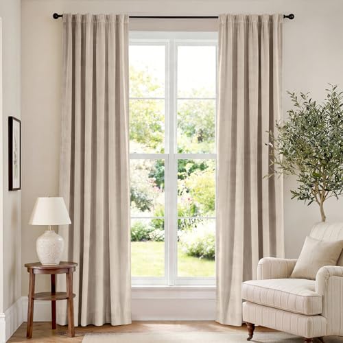 Lazzzy Velvet Blackout Curtains Thermal Insulated Room Window Drapes Super Soft Luxury Curtains for Living Room Bedroom Rod Pocket 2 Panels, Beige, 52" W x 84" L
