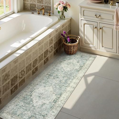 LIVEBOX Washable 2x6 Runner Rug for Bathroom, Non Slip Kitchen Mats for Floor Entryway, Boho Indoor Front Door Mat Low-Pile Runners for Hallways, Farmhouse Rugs for Laundry, Sage Green
