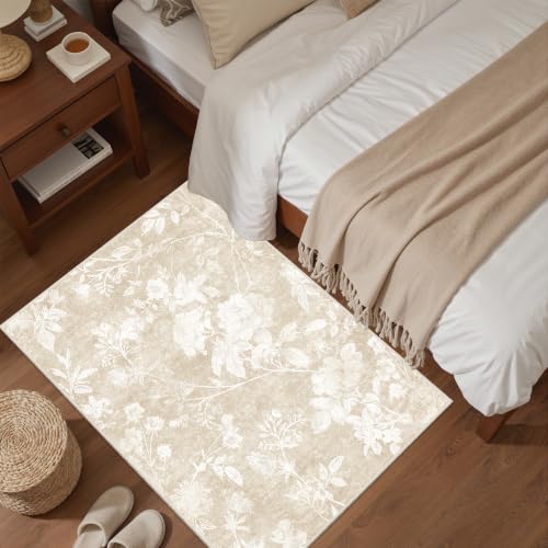 Soalmost Floral Washable Rugs 2x3, Soft Neutral Doormat for Entryway Beige