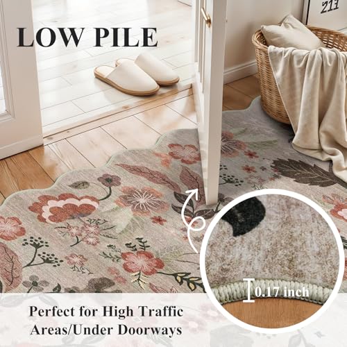 5x7 Area Rugs for Living Room: Floral Scalloped Washable Bedroom Rug Brown