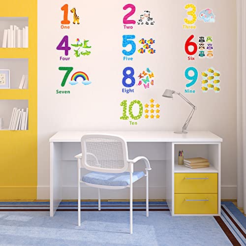 Outus 3 Sheets Number Wall Decals Children Number Stickers Animal Arabic Numbers 1-10 Learning Educational Wall Decals Peel and Stick Animal Stickers Classroom for Kids Nursery Bedroom Playroom Decor
