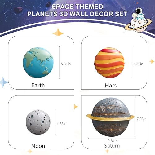 4Pcs Outer Space Planets Wall Decor, Cute Astronauts Galaxy Planet Nursery Wall Sculptures, 3D Outer Space Theme Hanging Art for Kids Room Boys Bedroom