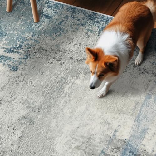 4x10 Modern Abstract Hallway Rug:Washable Wide Runner Rug Blue