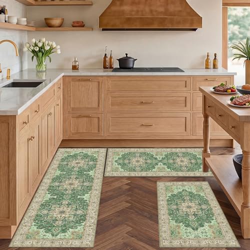 3 Piece Kitchen Rugs Sets with Runner, Washable Non Slip Soft Boho Kitchen Mats, Low Pile Stain Resistant Carpet for Hallway, Laundry Room, Entryway, Home Decor(20"x32"+20"x48"+20"x59", Green Beige)