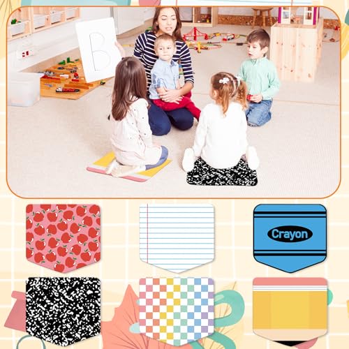 JarThenaAMCS 12Pcs Back to School Carpet Seats Crayon Composition Notebook Apples Checkered Pencil Floor Rug Mats for Classroom Group Activity Learning Play Areas,15.8 x 15 Inch
