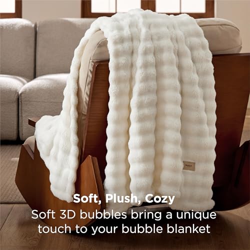 Bedsure 3D Fleece Bubble Blanket for Couch - GentleSoft Cute White Throw Blanket for Sofa Bed Room Decor - Luxury Soft Cozy Cloud Blanket Mothers Gifts for Women, Lightweight, Off White, 50"×60"