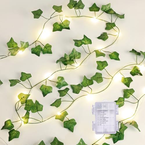 2 Pack 6.56FT Vines with Lights, Fake Ivy String Lights Battery Operated, 40 LEDs Green Leaf Lights with 8 Modes, Artificial Vines with Fairy Lights for Bedroom Wall Garden Party Decor