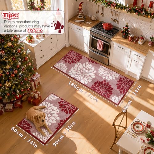 Findosom Christmas Kitchen Rugs Sets of 2, Floral Washable Kitchen Runner