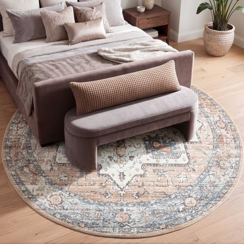 jinchan 8ft Round Rug Vintage Medallion Washable Area Rug, Blue/Orange