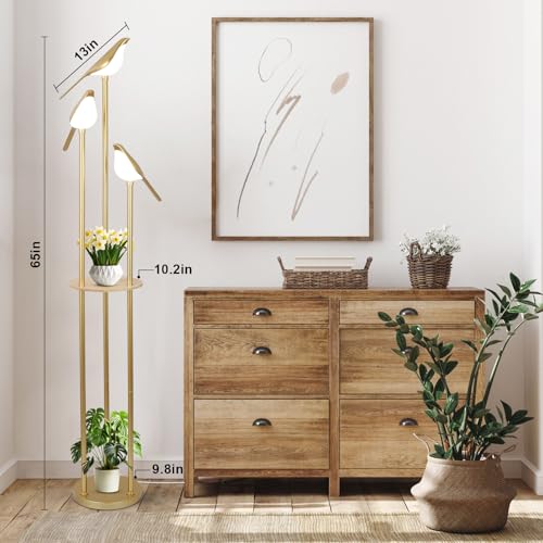 Gold Floor Lamps for Living Room, Modern Floor Lamp with Shelves, Mid Century Standing Lamp with 3 Adjustable LED Bird Lights, Corner Tall Lamp with Table, Brass Stand up Lamp for Bedroom Kids Room