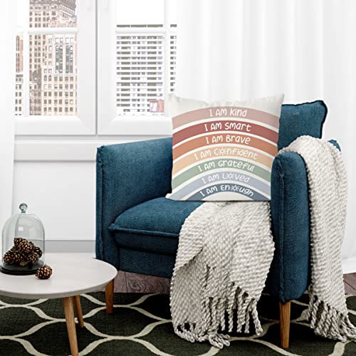 QIYUHOY Kids Classroom Reading Corner Rainbow Throw Pillow Covers 18x18, Positive Affirmations Pillow Case Decor for Calming Corner Cozy Corner Nursery Toddler Room Playroom