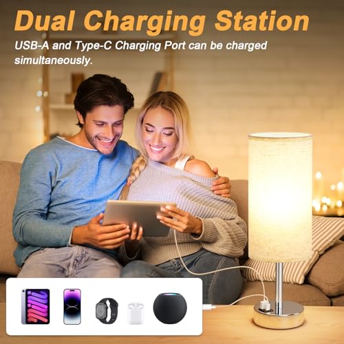 Dicoool Touch Table Lamp for Bedroom, 3 Way Dimmable Bedside Lamp with USB C & A Charging Ports - Small Desk Lamp for Dorm Room, College, Kids, Office, Living Room, White
