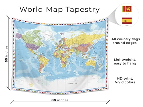 Large World Map Tapestry Wall Hanging For Kids Educational With Country Flags for Classroom Decor Kids Room Home Traveling Geography Students 60x80 In