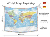 Large World Map Tapestry Wall Hanging For Kids Educational With Country Flags for Classroom Decor Kids Room Home Traveling Geography Students 60x80 In