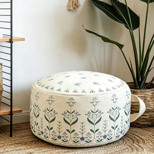 Unstuffed Round Pouf Cover, 18in Boho Ottoman, Floral Decor