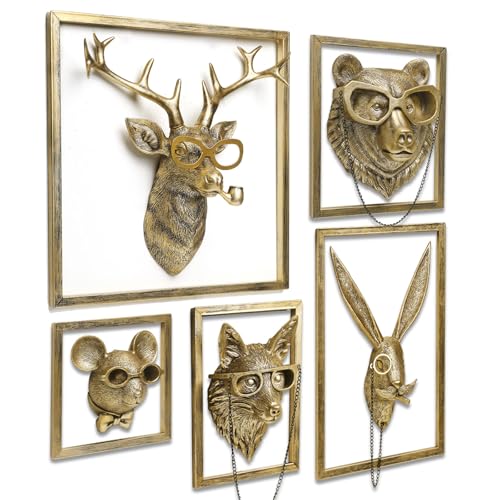 Newinhome 5 Pack Animal Heads Wall Decoration (Gift Metal Frame) Resin Animals Sculptures Head Wall Hanging Decor Gold vintage Wall Sculpture for Living Room Bedroom Office