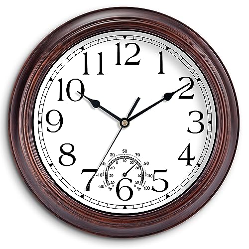 KECYET 8.5 Inch Outdoor Wall Clock with Thermometers, Vintage Silent Wall Clocks Battery Operated, Retro Non-Ticking Clock Decorative for Living Room, Patio, Kitchen, Office, Bathroom, Bedroom(Bronze)