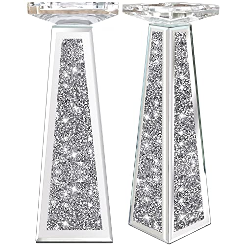 Wocred 2 Piece Candlestick Holders for Holding Pillar Candles, Crystal Crushed Diamond Candle Holders Set Decor for Dinning Room, Silver Glass Votive Candle Holders for Table Centerpiece(12”)