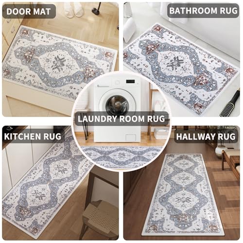 Vintage Runner Rug Non Slip for Hallway Bathroom Kitchen 2x3 ft, Ultra Soft Boho Carpet Runner with Low Pile Design Machine Washable Runner Rugs for Entryway Laundry Living Room