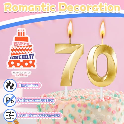 70th Birthday Candles for Cake,Gold Number Candles for Happy Birthday Cake Toppers,Birthday Decorations for Women Men Party Anniversary Wedding