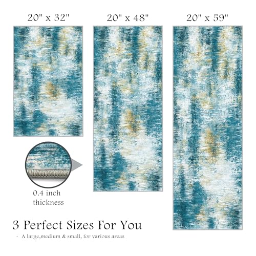 Upgrade Non Slip Kitchen Rugs Sets of 3 Washable Kitchen Mats for Floor Abstract Kitchen Runner Rug Ultra Soft Floor Mat Set Kitchen Carpet Rugs for Hallway, Laundry, Entryway, Office, Teal