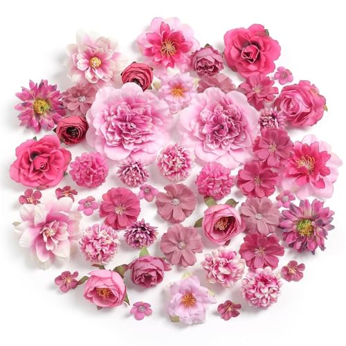 Artificial Flowers Heads Combo Rose Red Flowers Mix Silk Flowers Heads Pink Bulk Faux Rose for Craft Garland Graduation Cap Wedding Bridal Baby Shower Home Party Decoration DIY Cake Decor