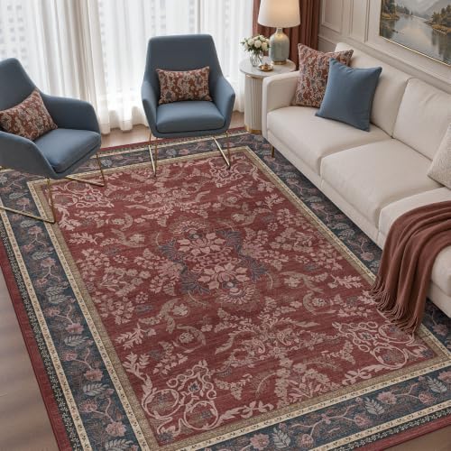 DCX 6x9 Washable Rug for Living Room, Blue and Burgundy Botanical Rug