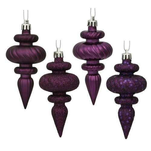 Vickerman 4" 4-Finish Finial Ornament, Shatterproof Plastic Christmas Tree Decoration, 8 Pack, Plum Shiny, Matte, Glitter and Sequin Finishes
