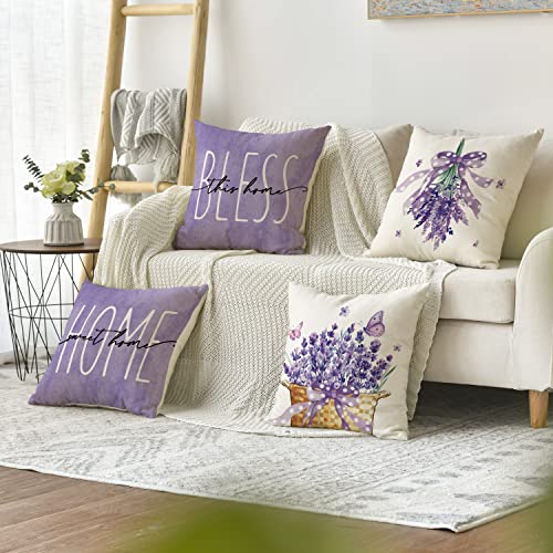 AVOIN colorlife Lavender Home Sweet Home Spring Throw Pillow Covers, 18 x 18 Inch Purple Summer Cushion Case for Sofa Couch Set of 4